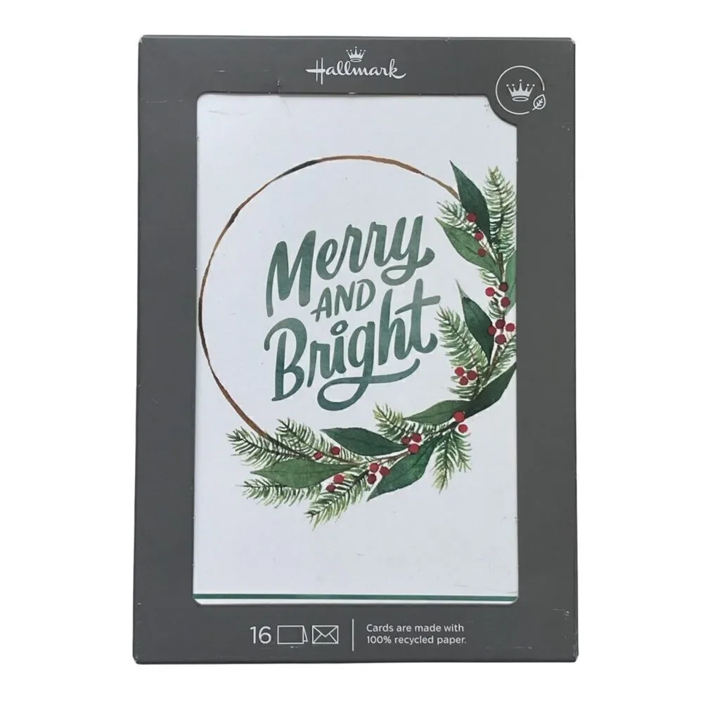 Hallmark Boxed Christmas Cards, Merry and Bright (16 Cards and 17 Envelopes)